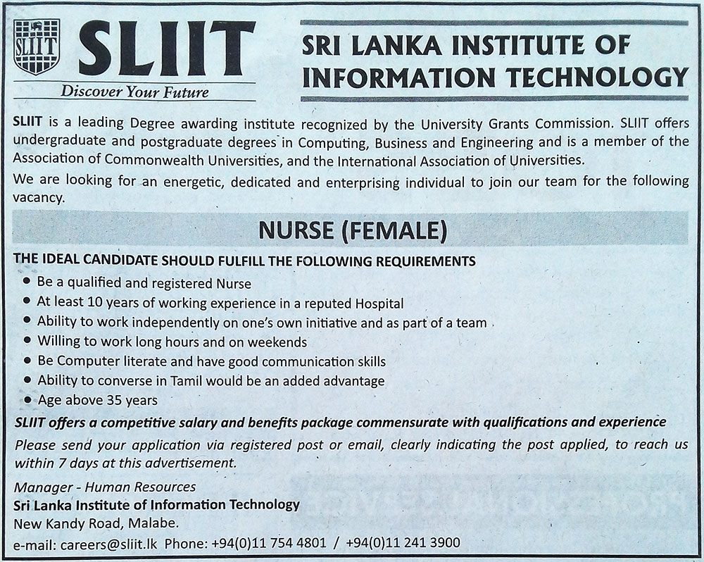 Nurse (Female) - Sri Lanka Institute of Information Technology (SLIIT)